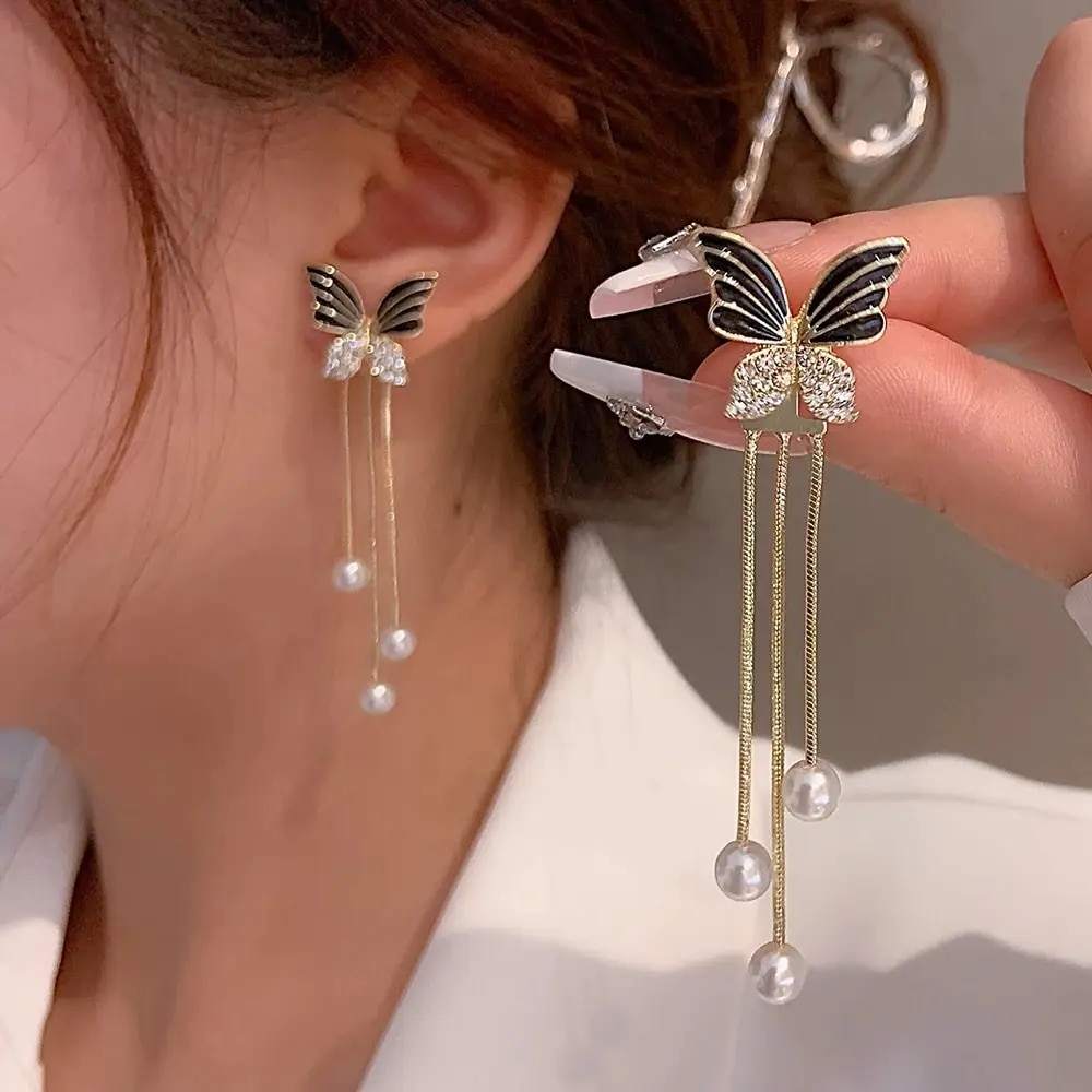 Butterfly Pearl Tassel Drop Earrings