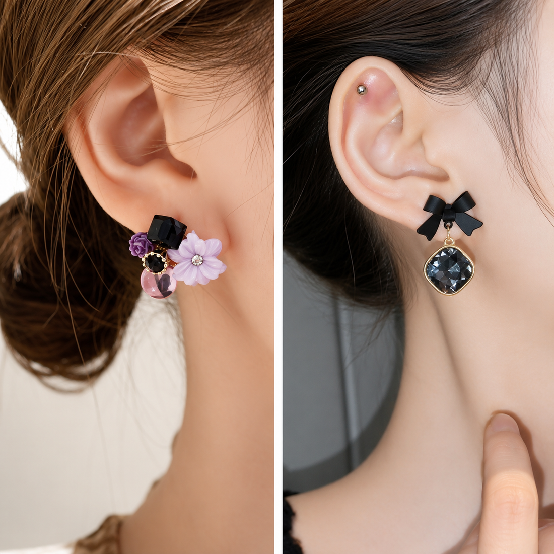 Dazzle21 Combo of 2 Black Korean Earrings Purple Rhinestone Crystal Studs for Girls Women Crystal, Cubic Zirconia, Pearl Alloy, Brass, Stone Drops & Danglers, Earring Set, Hoop Earring, Rhinestone Studs, Stud Earring