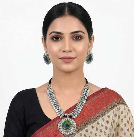 Peacock Motif Silver Oxidized Necklace & Earring Set | Traditional Ethnic Jewellery