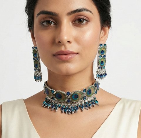 Peacock Design Oxidised Silver Choker Necklace & Long Earrings Set for Women