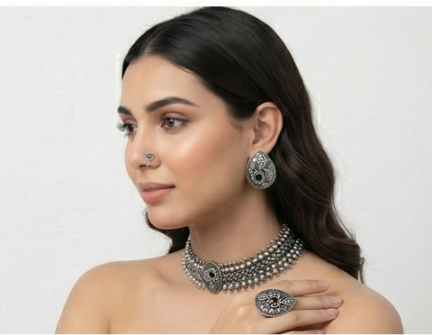 Vintage Oxidised Silver Choker Set with Earrings, Ring & Nose Pin