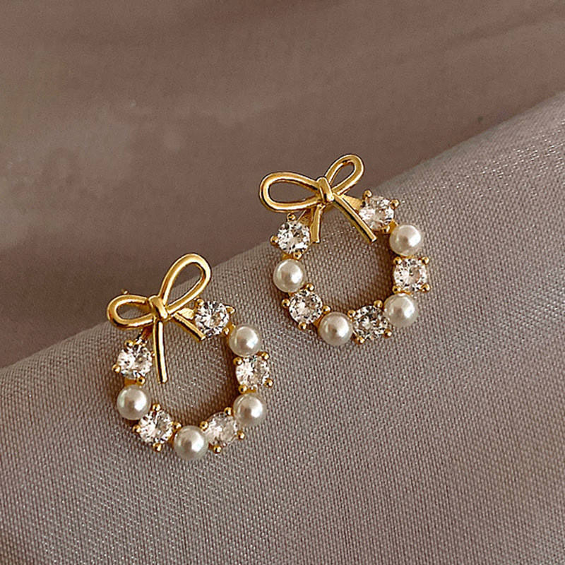 Golden Bow Pearl Wreath Stud Earrings