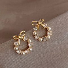 Golden Bow Pearl Wreath Stud Earrings