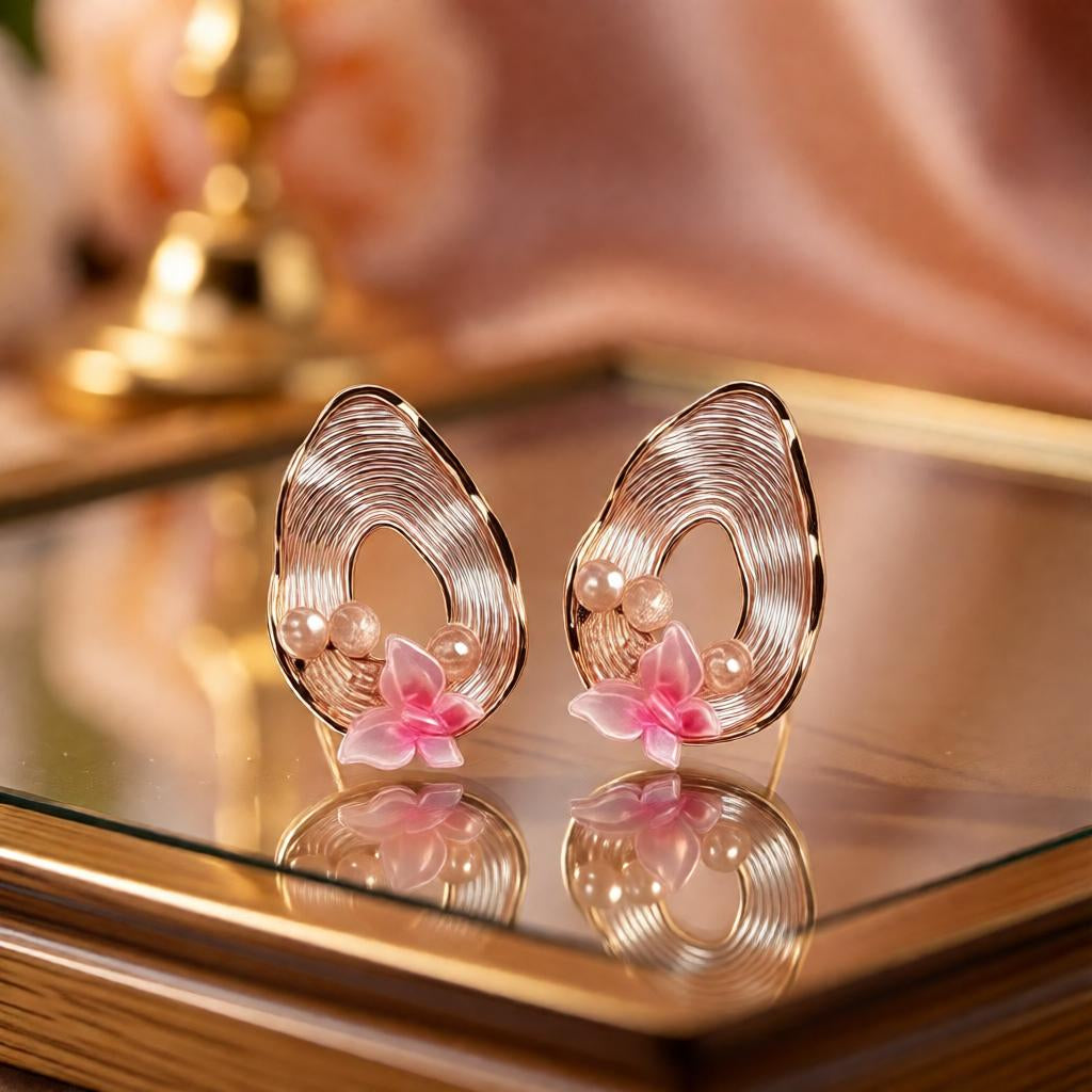 Pear-Shaped Ribbed Textured Butterfly & Pearl Stud Earrings