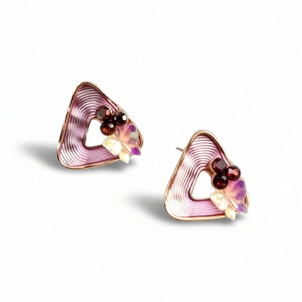 Triangular Ribbed Dual Tone Butterfly & Pearl Stud Earrings