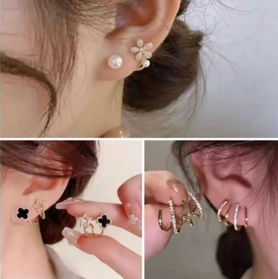 Dazzle21 Combo of 3 Trending Korean Earrings For Girls & Women | Western cuff Pearl Alloy Stud Earring