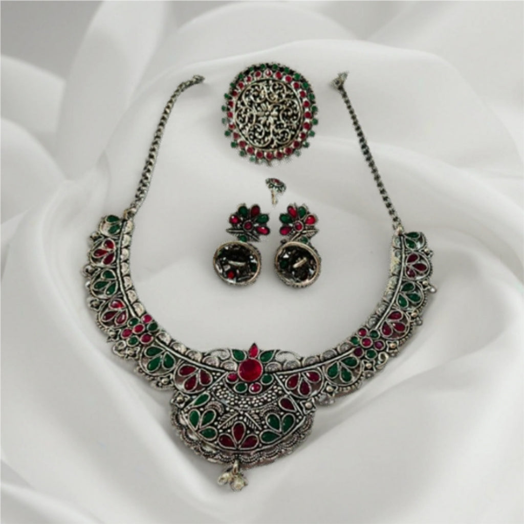 Rajwadi Emerald–Ruby Oxidized Silver Necklace Set with Ring & Jhumka Earrings