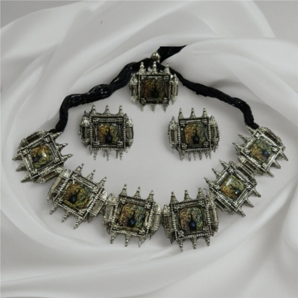 Rajwada Peacock Temple Oxidised Silver Jewelry Set