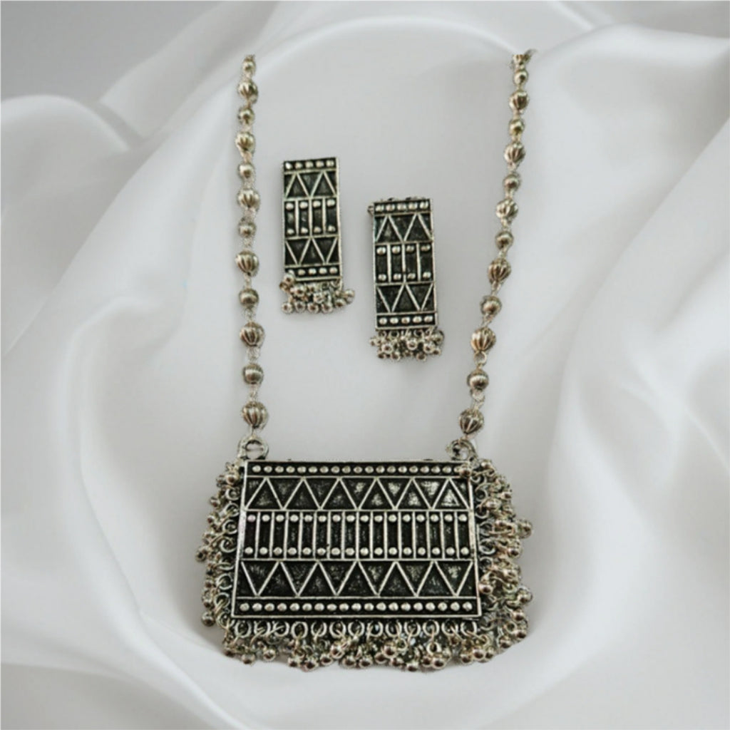 Tribal Geometry Oxidised Silver Long Necklace Set