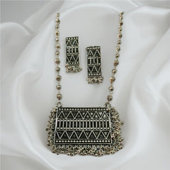 Tribal Geometry Oxidised Silver Long Necklace Set