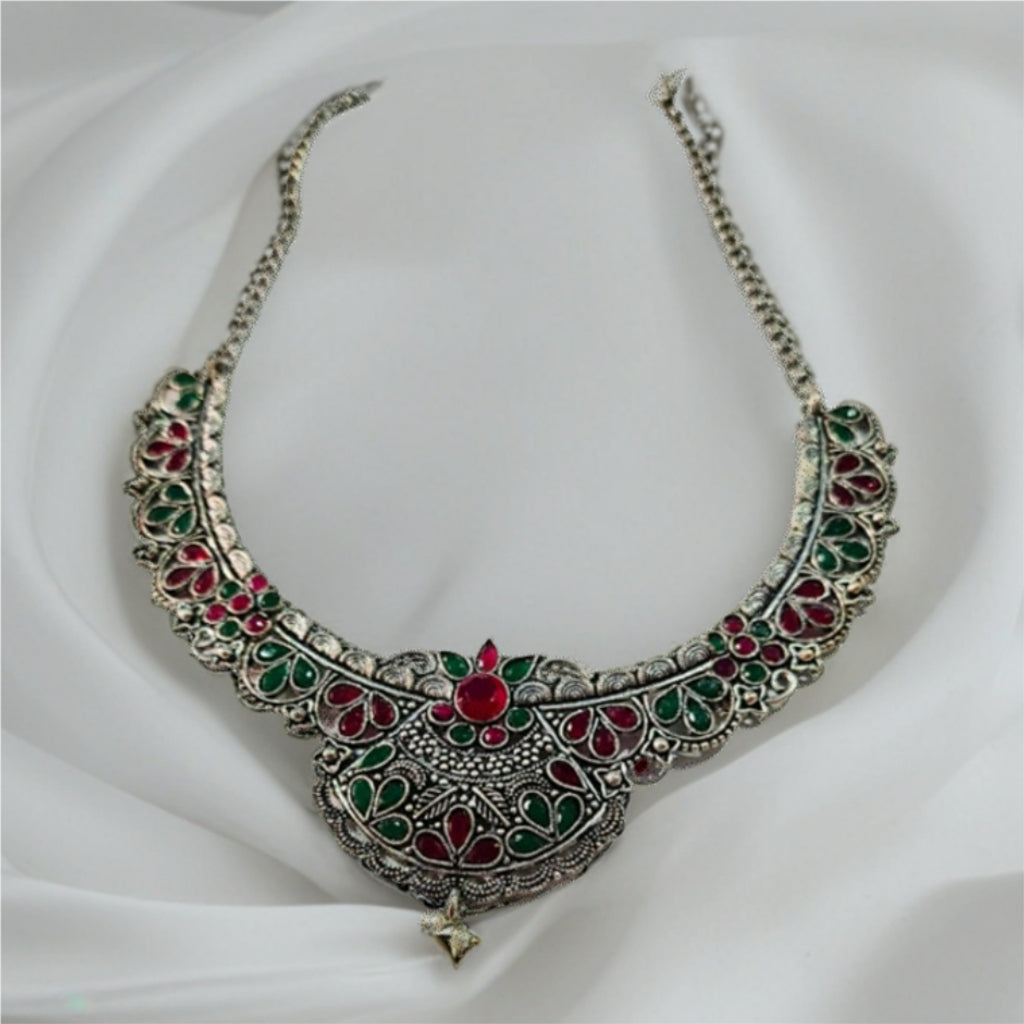 Rajwadi Emerald–Ruby Oxidized Silver Necklace Set with Ring & Jhumka Earrings