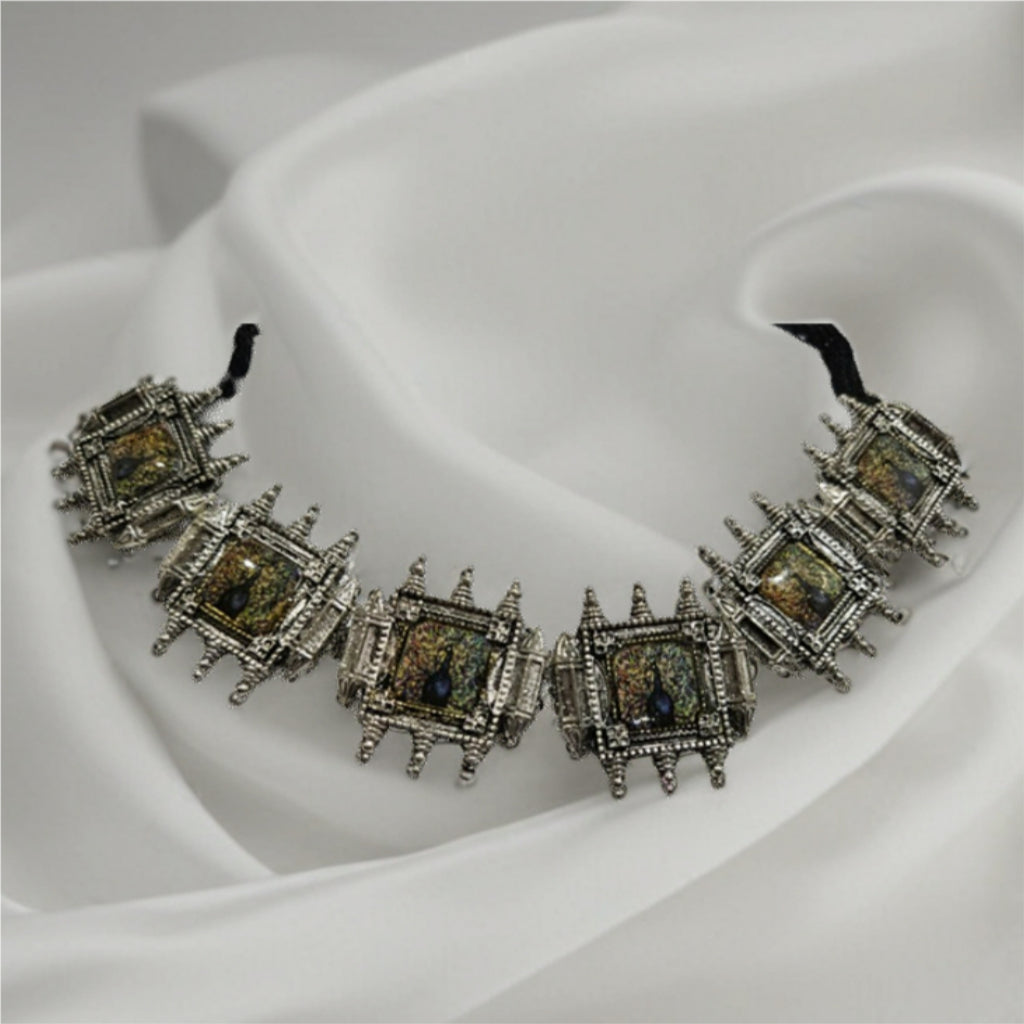 Rajwada Peacock Temple Oxidised Silver Jewelry Set