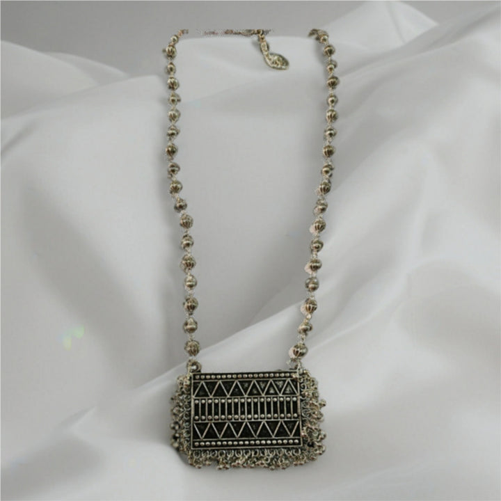 Tribal Geometry Oxidised Silver Long Necklace Set