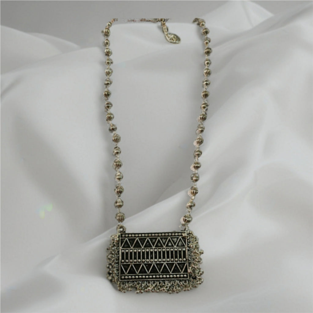 Tribal Geometry Oxidised Silver Long Necklace Set