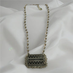 Tribal Geometry Oxidised Silver Long Necklace Set