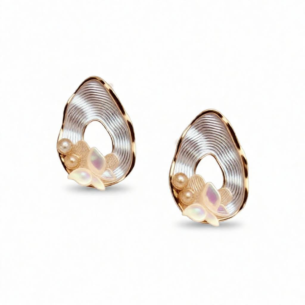 Pear-Shaped Ribbed Textured Butterfly & Pearl Stud Earrings