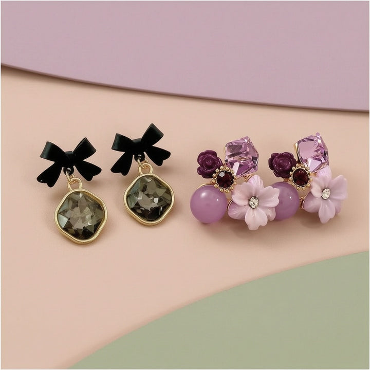 Dazzle21 Combo of 2 Black Korean Earrings Purple Rhinestone Crystal Studs for Girls Women Crystal, Cubic Zirconia, Pearl Alloy, Brass, Stone Drops & Danglers, Earring Set, Hoop Earring, Rhinestone Studs, Stud Earring