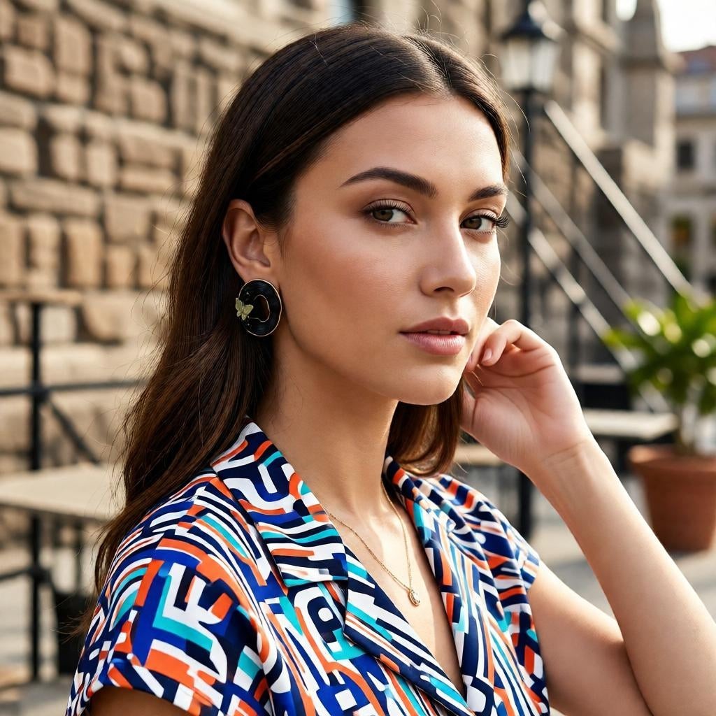 dazzle21 model wearing beige iridescent butterfly oval stud earrings with gold-tone frames and floral accents