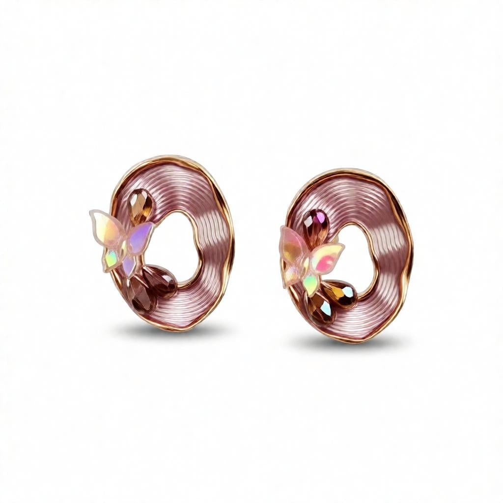 dazzle21 beige iridescent butterfly oval stud earrings with gold-tone textured frames and peach bead accents