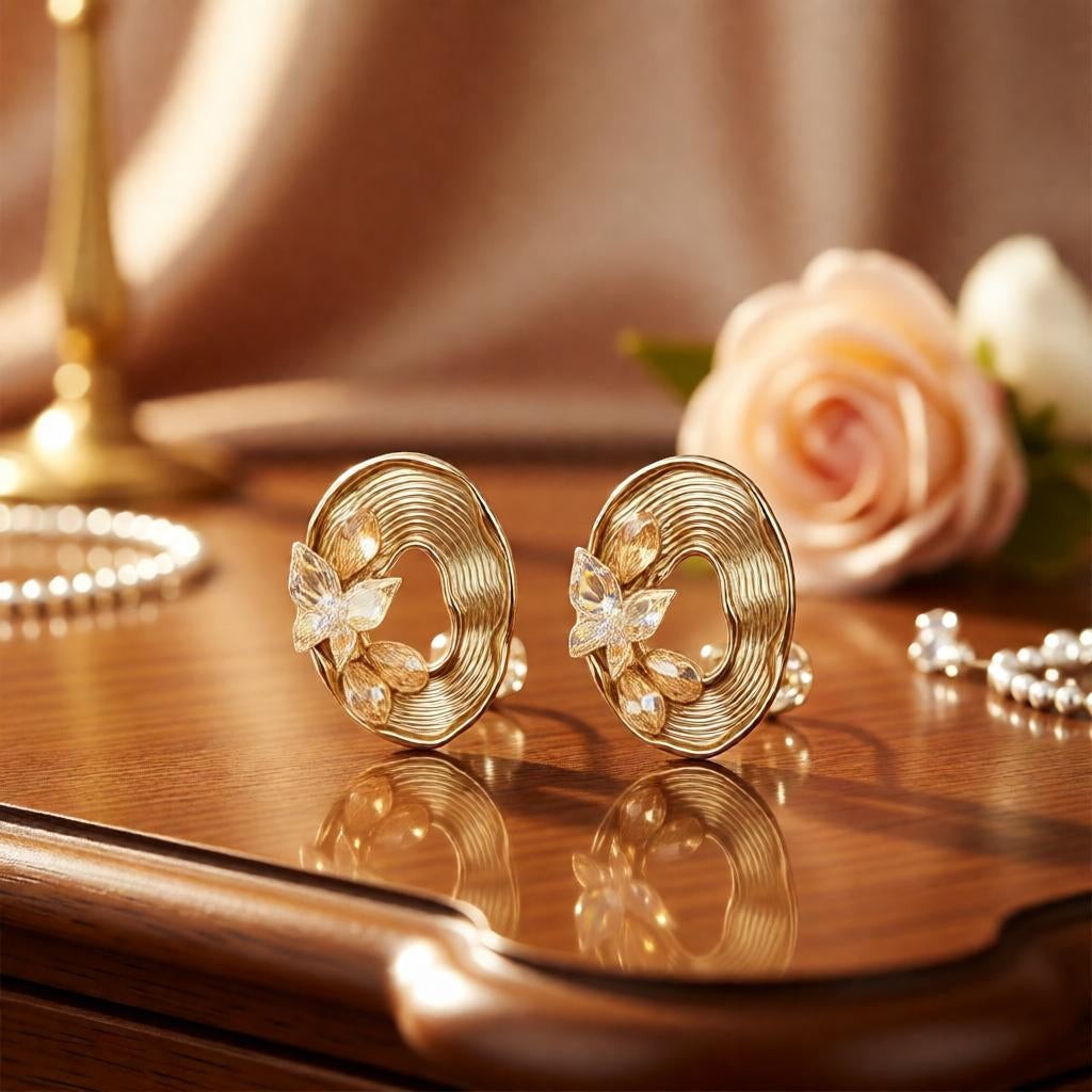 dazzle21 beige iridescent butterfly stud earrings with gold-tone textured oval frames and floral accents