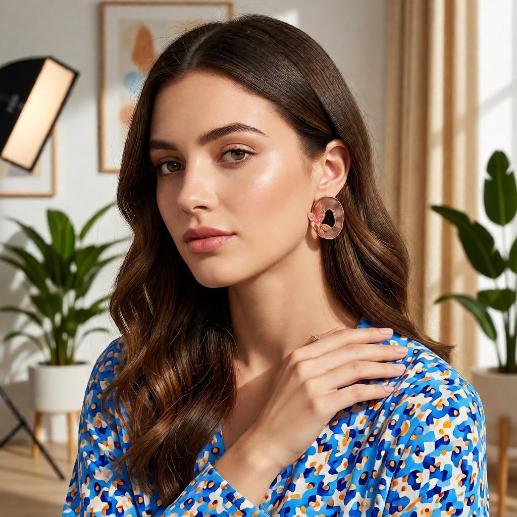 dazzle21 beige iridescent butterfly oval stud earrings with gold-tone frames worn by a woman in a floral top