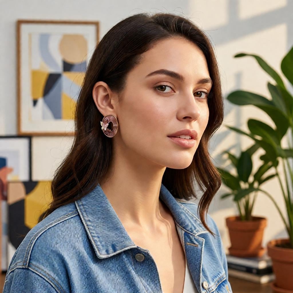 dazzle21 beige iridescent butterfly oval stud earrings worn by a woman in a denim jacket