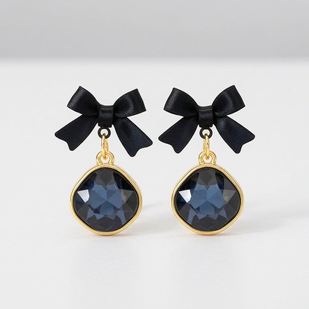 dazzle21 black bow earrings with dark blue crystal drops in gold-tone settings for women