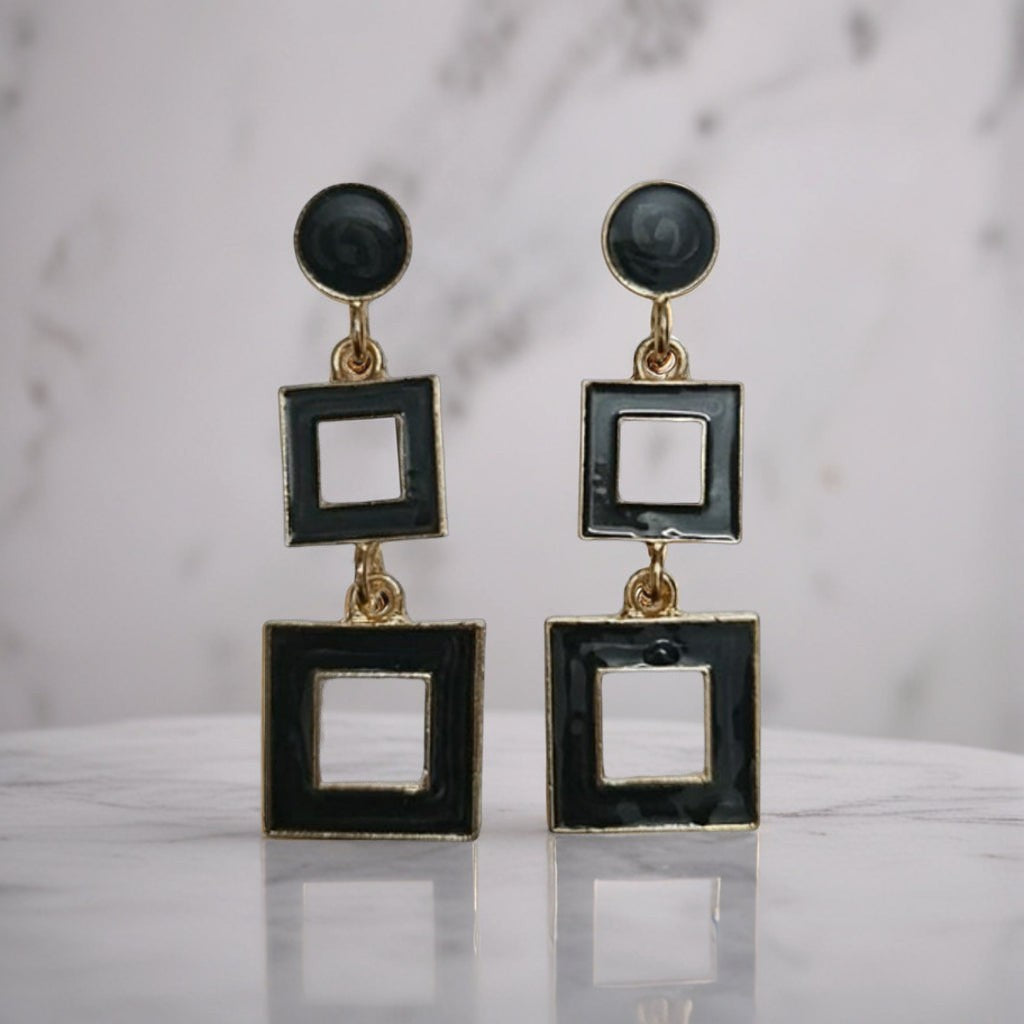 dazzle21 modern geometric square drop earrings in black and gold with a chic double-square design