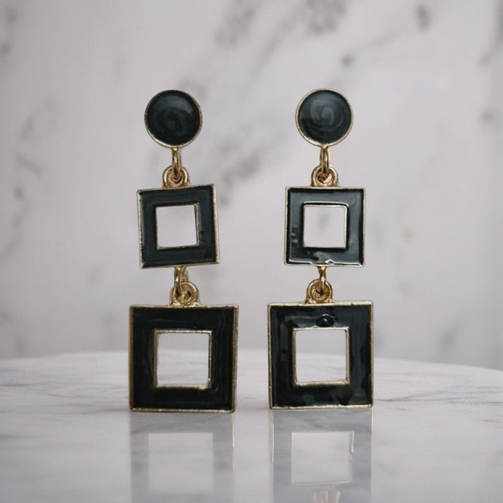 dazzle21 modern geometric square drop earrings in black and gold with a chic double-square design