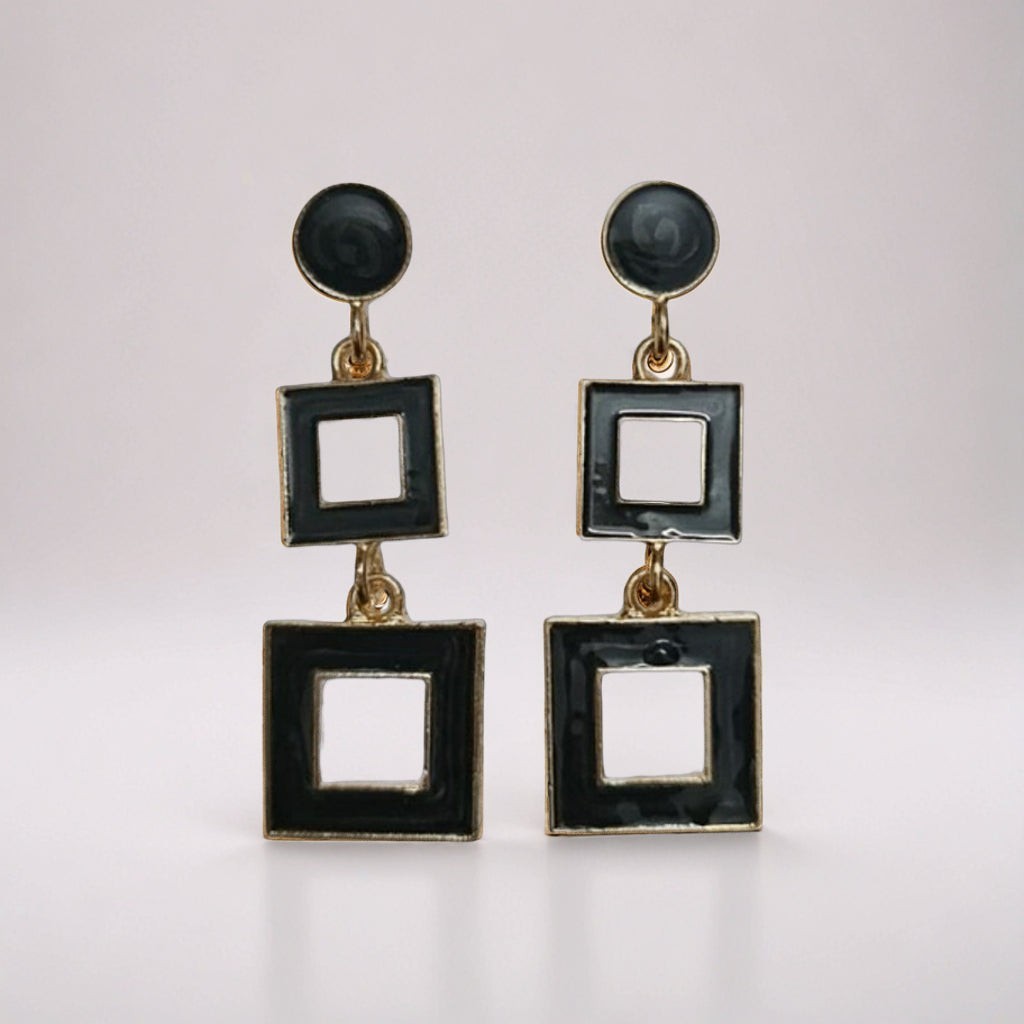 dazzle21 modern black and gold geometric square drop earrings with a chic double-square statement design