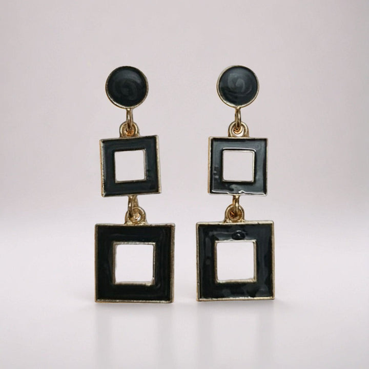 dazzle21 modern black and gold geometric square drop earrings with a chic double-square statement design