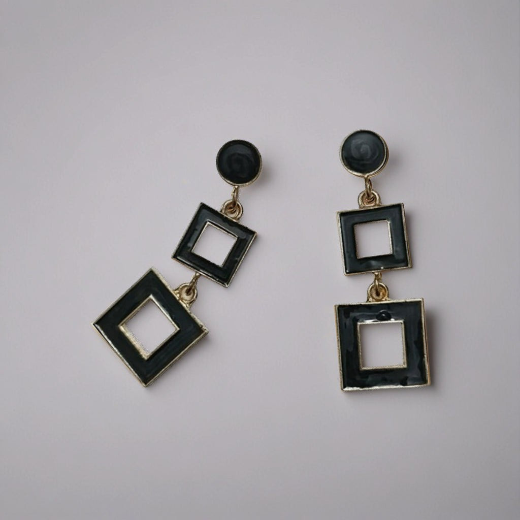 dazzle21 modern black and gold geometric square drop earrings with a chic double-square design
