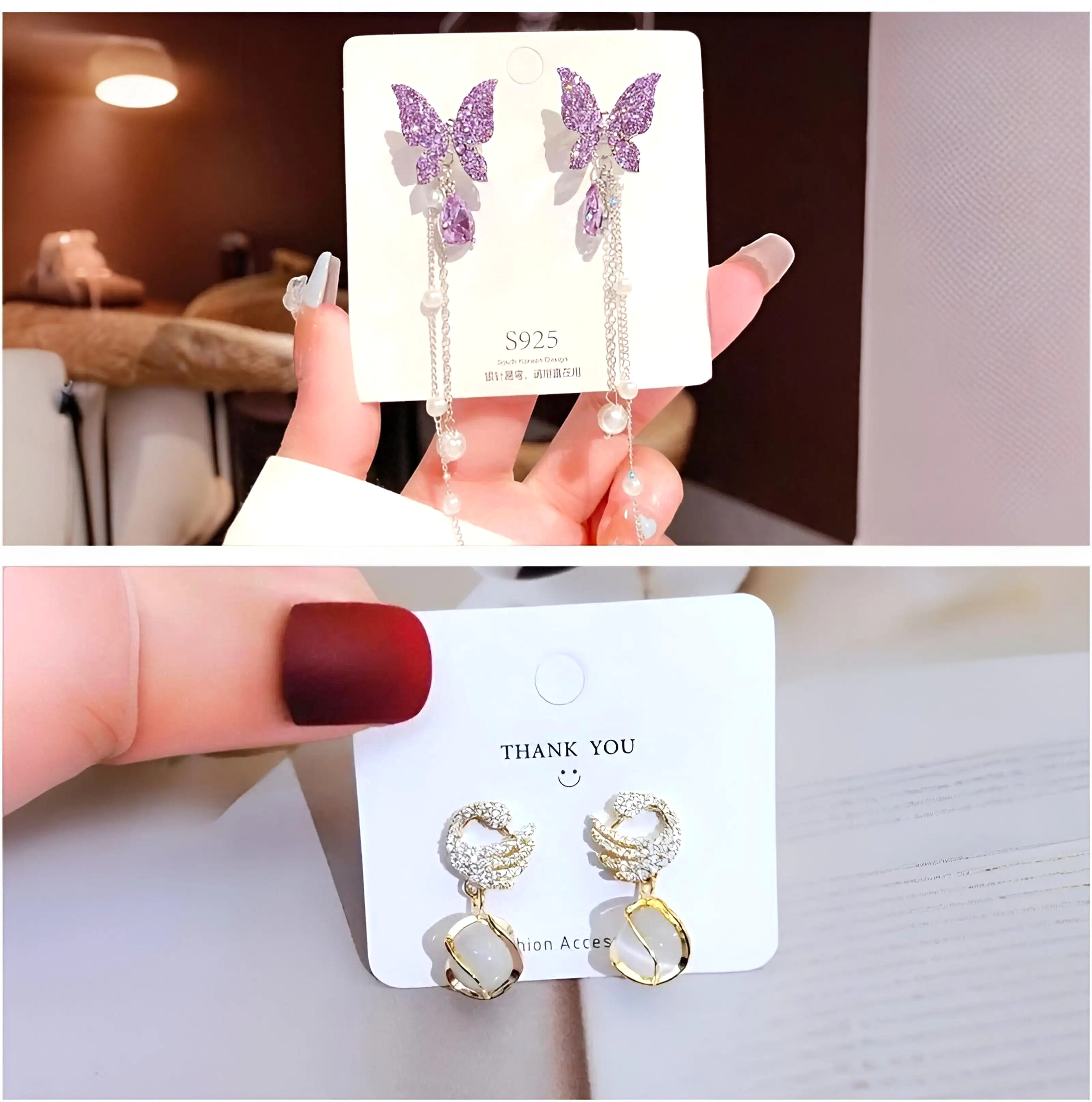 dazzle21 set of two earrings featuring purple butterfly crystal dangles and gold crescent moon pearl drop studs