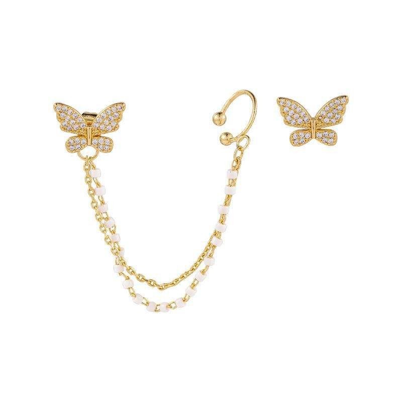 dazzle21 gold-tone butterfly stud earrings with a detachable double chain ear cuff featuring white enamel beads