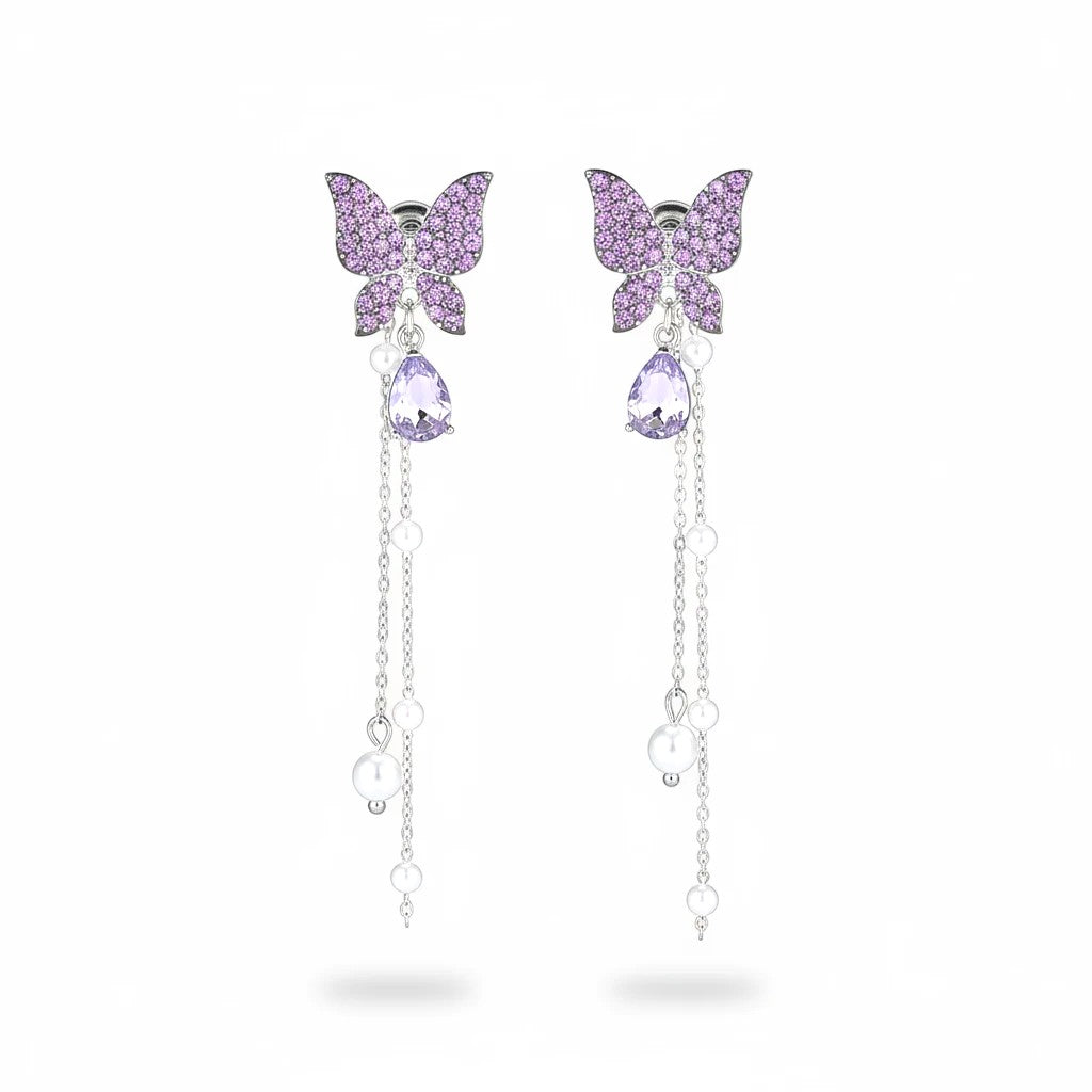 dazzle21 butterfly dangle drop earrings with purple crystals, teardrop stones, and delicate pearl-accented chains