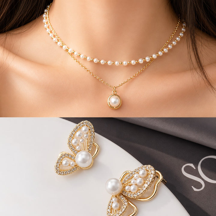 dazzle21 gold-tone butterfly pearl earrings and layered pearl pendant necklace set on a model