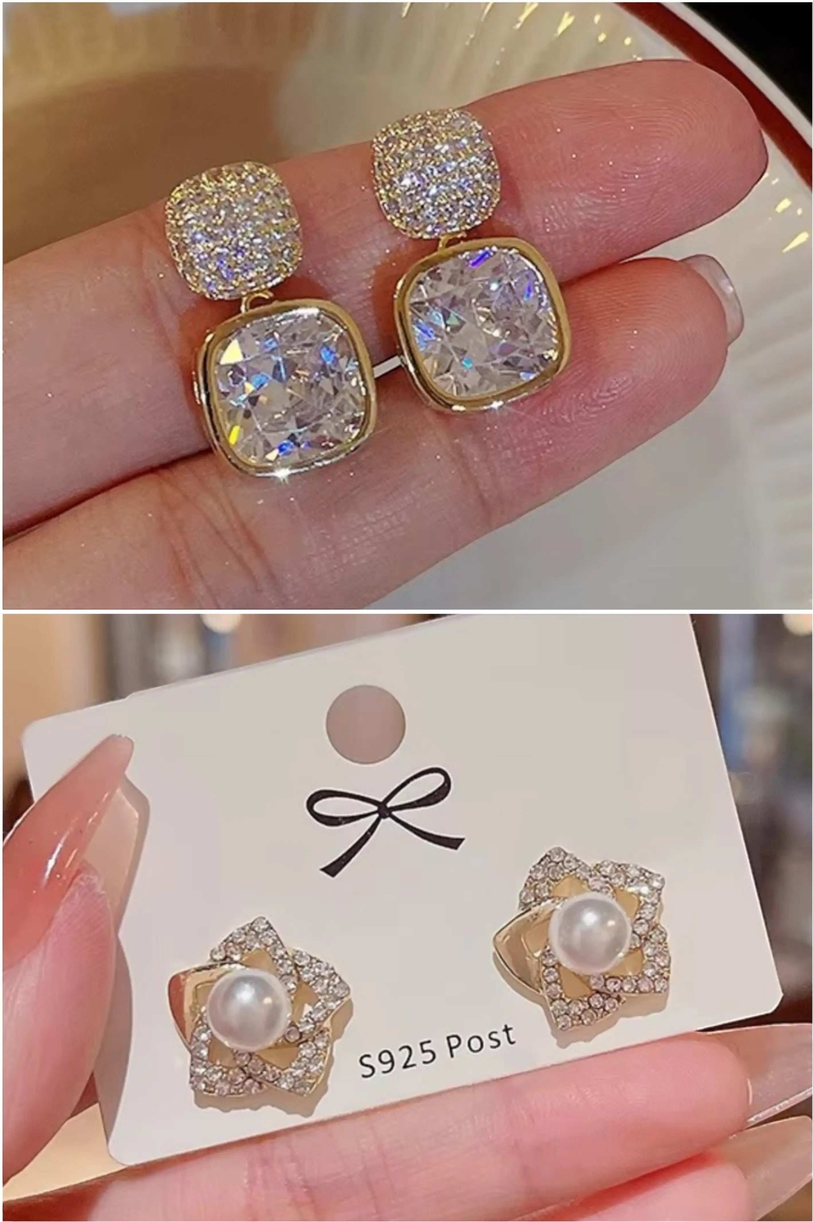 dazzle21 set of two gold-tone earrings featuring crystal-encrusted square drops and floral pearl stud designs