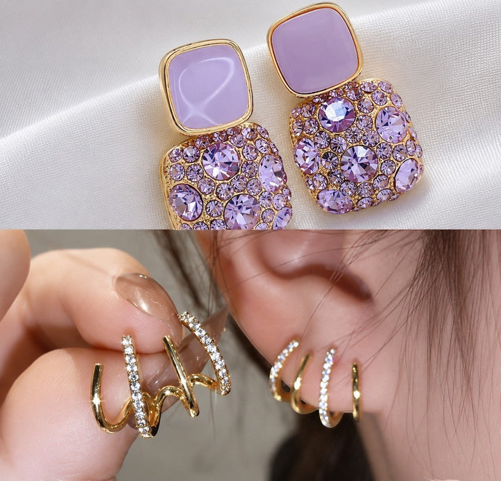 dazzle21 set of two Korean-style stud earrings featuring purple enamel square crystals and rose gold claw designs