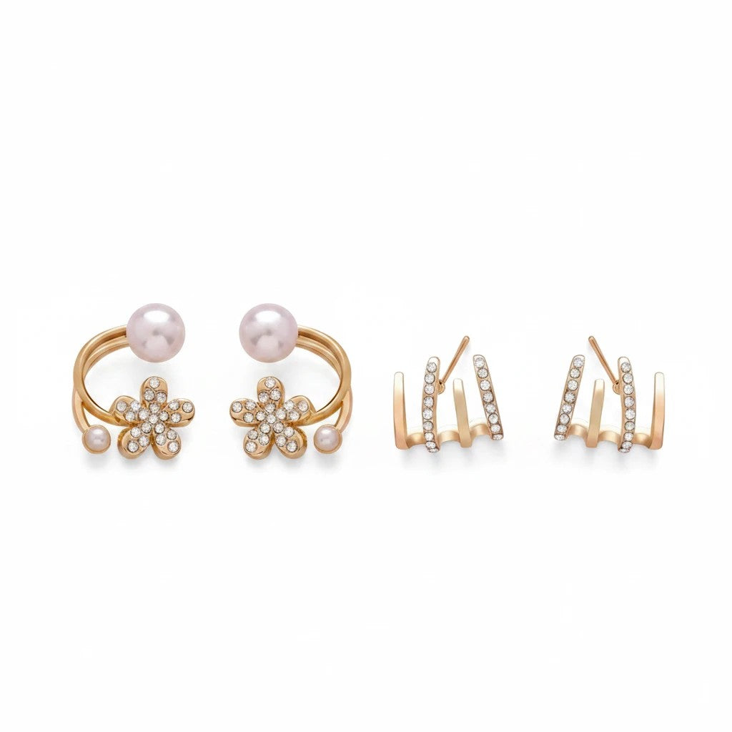 dazzle21 daisy floral earrings with crystals and faux pearls alongside gold-tone multi-prong crystal stud earrings
