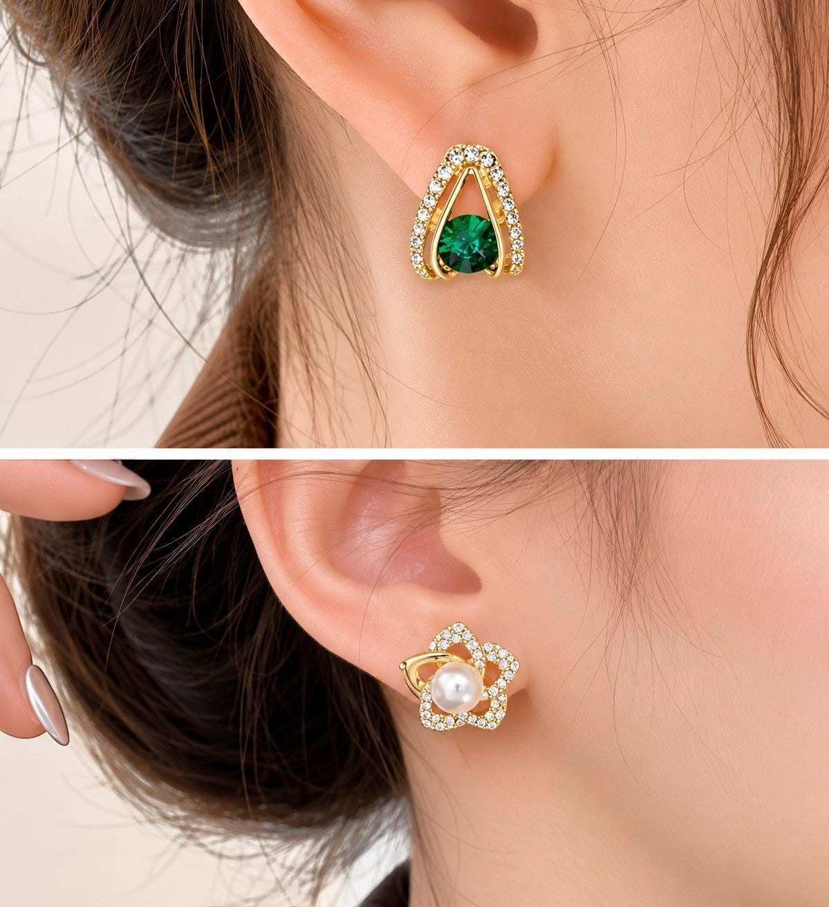 dazzle21 set of two gold-toned stud earrings featuring a green emerald-style stone and a central white pearl.