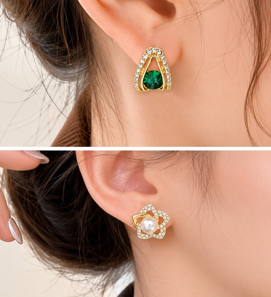 dazzle21 set of two gold-toned stud earrings featuring a green emerald-style stone and a central white pearl.