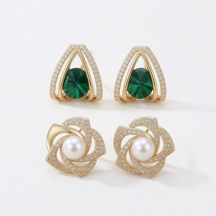 dazzle21 set of two gold-tone stud earrings featuring emerald green crystals and white pearls with rhinestone accents