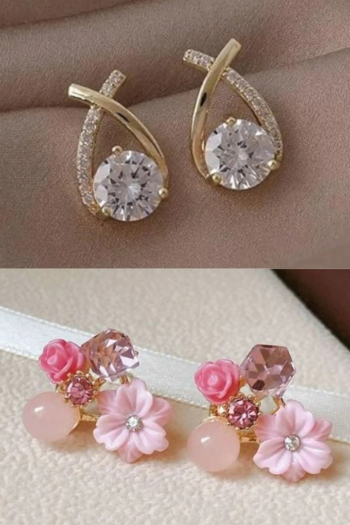 dazzle21 earring set featuring gold-tone crystal teardrop studs and floral pink stone stud earrings