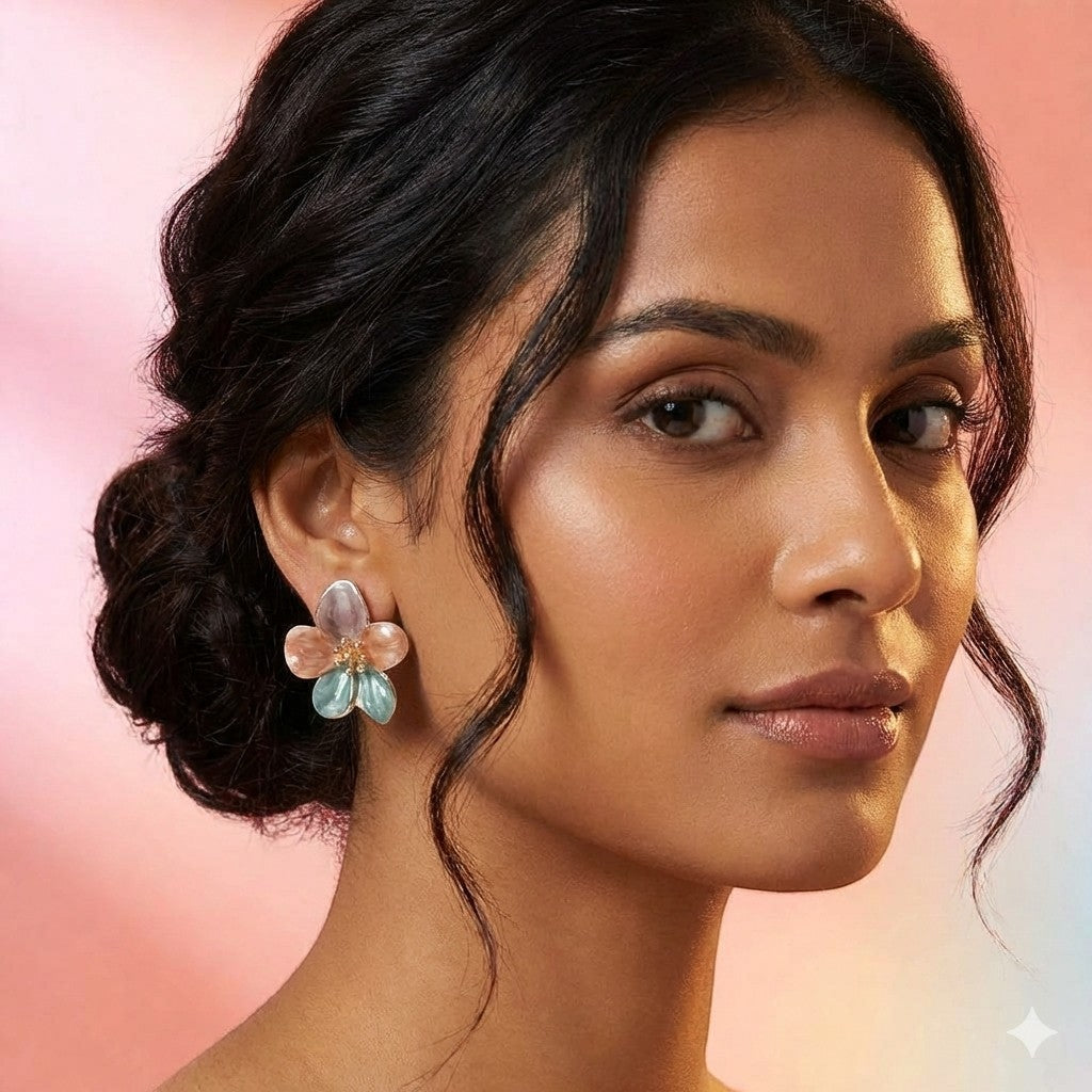 dazzle21 handcrafted floral enamel stud earrings in soft purple and green worn by a woman with an elegant updo