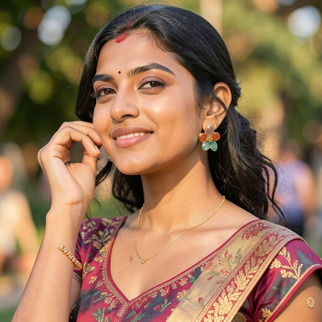 dazzle21 handcrafted floral enamel stud earrings in green, purple, and ruby worn by a smiling woman in a saree