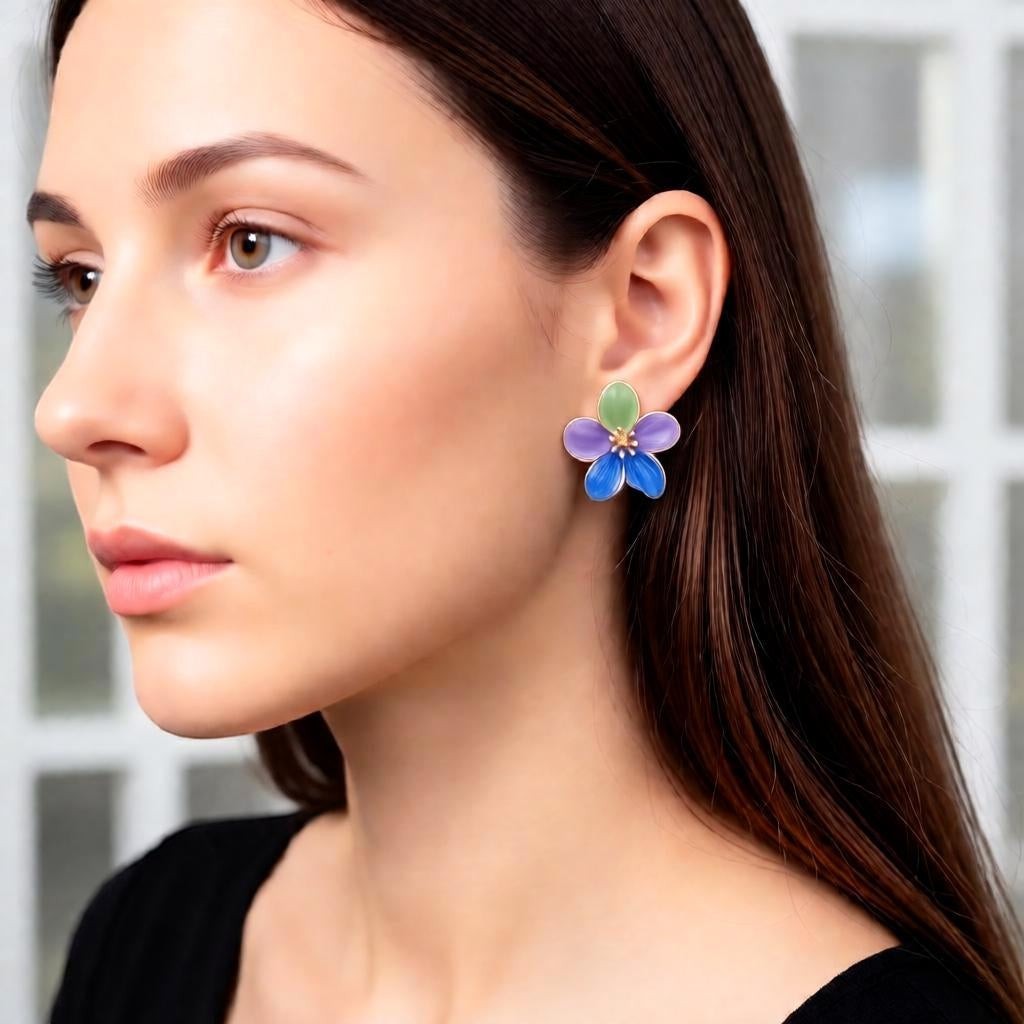 dazzle21 handcrafted floral stud earrings with green, purple, and blue enamel petals worn by a woman