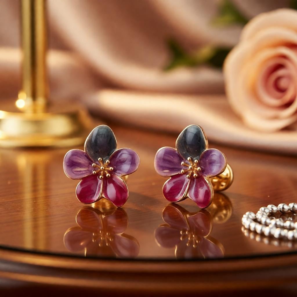 dazzle21 handcrafted floral stud earrings with green, purple, and ruby enamel petals and delicate gold centers.