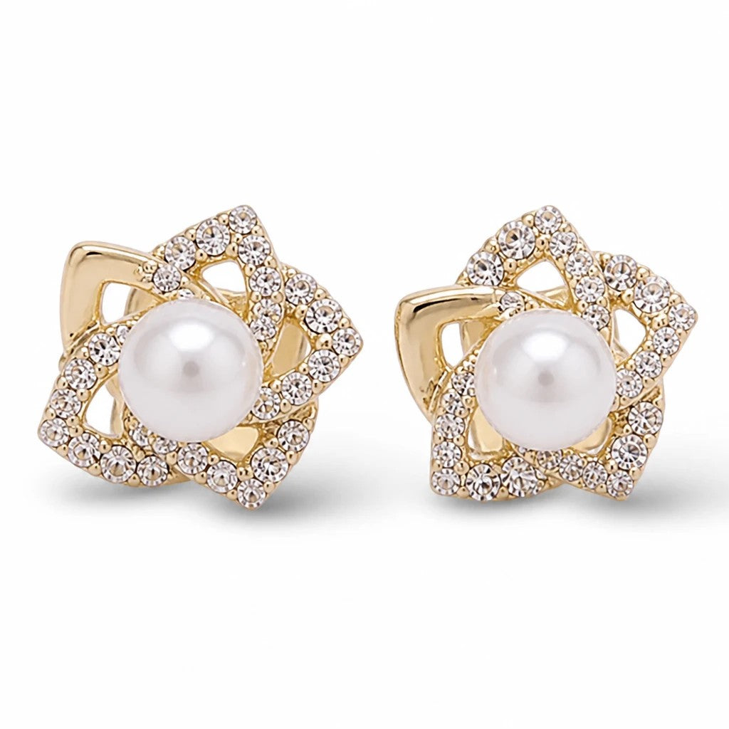 dazzle21 floral stud earrings featuring a central faux pearl surrounded by shimmering rhinestones in gold-tone alloy