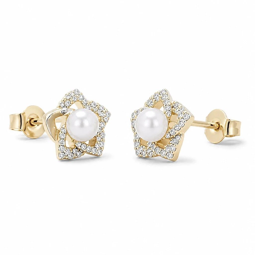 dazzle21 floral stud earrings featuring a central faux pearl surrounded by shimmering rhinestones in gold-tone alloy