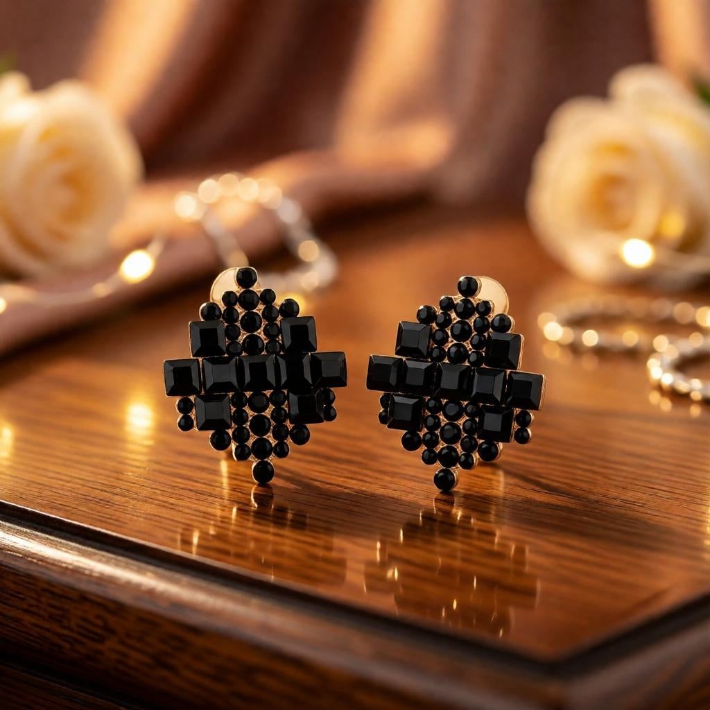 dazzle21 geometric stud earrings featuring black crystal stones in a layered pattern with a rose gold finish